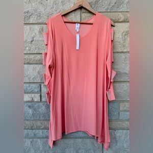 Come N See 2X Coral Asymmetrical Tunic Rhinestone Embellished Sleeves NWT Plus